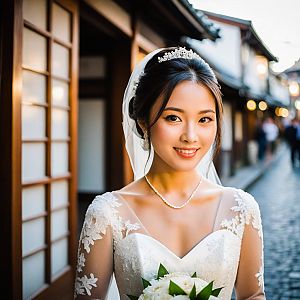 Smiling Bride in Elegant Lace Wedding Gown Outdoors
