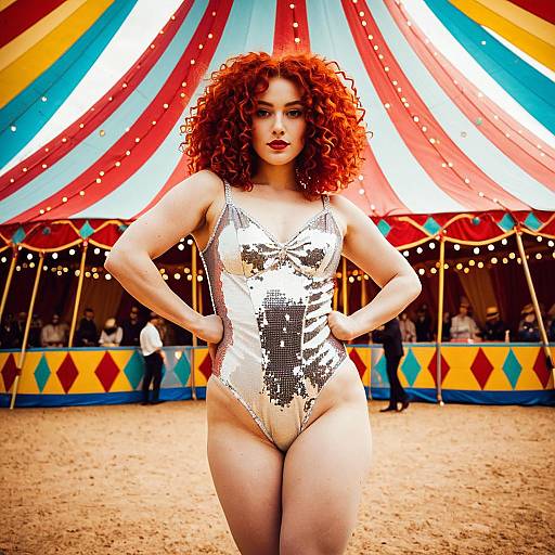 Confident Red-Haired Woman in Silver Bodysuit at Colorful Circus Tent