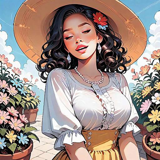 Stylish Woman with Sunhat Among Vibrant Flowers Digital Illustration