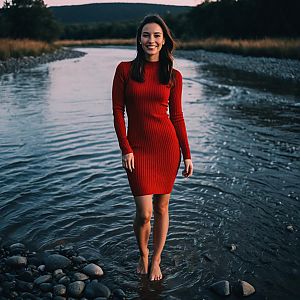 Smiling Woman in Red Dress by River at Twilight