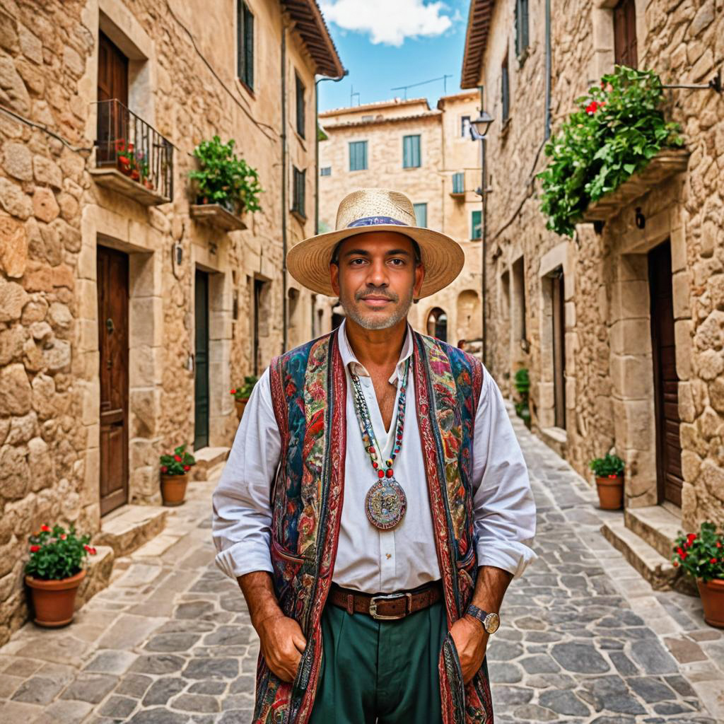 Confident Man in Vibrant Traditional Attire in a Mediterranean Alleyway