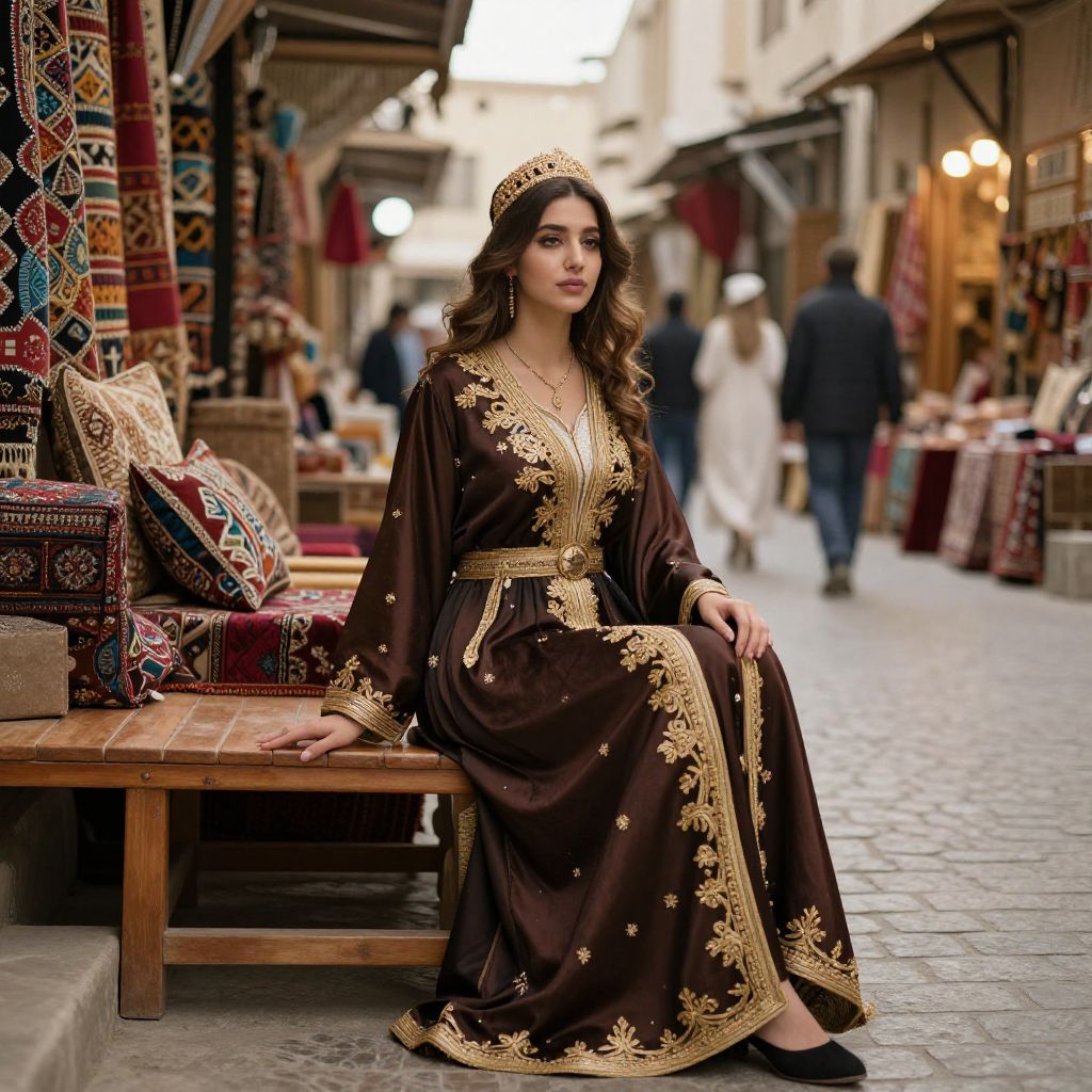 Woman in Traditional Brown and Gold Embroidered Dress Sitting in Market Alley