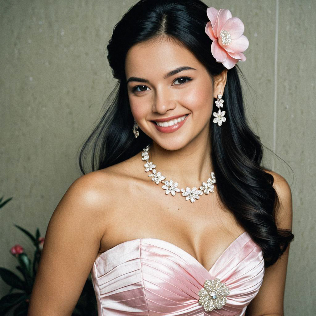 Elegant Woman in Pink Satin Gown with Floral Jewelry