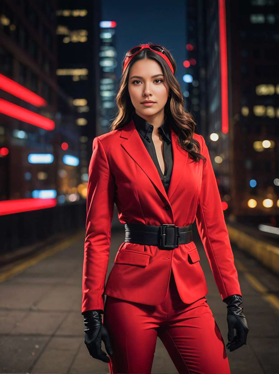 Woman in Bold Red Suit with Urban Neon Background