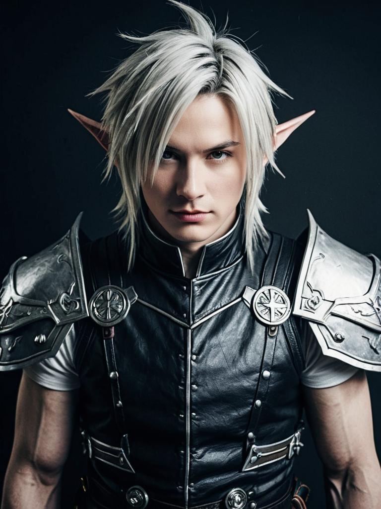 Photorealistic Man in Final Fantasy Cosplay Costume with White Hair and Elf Ears