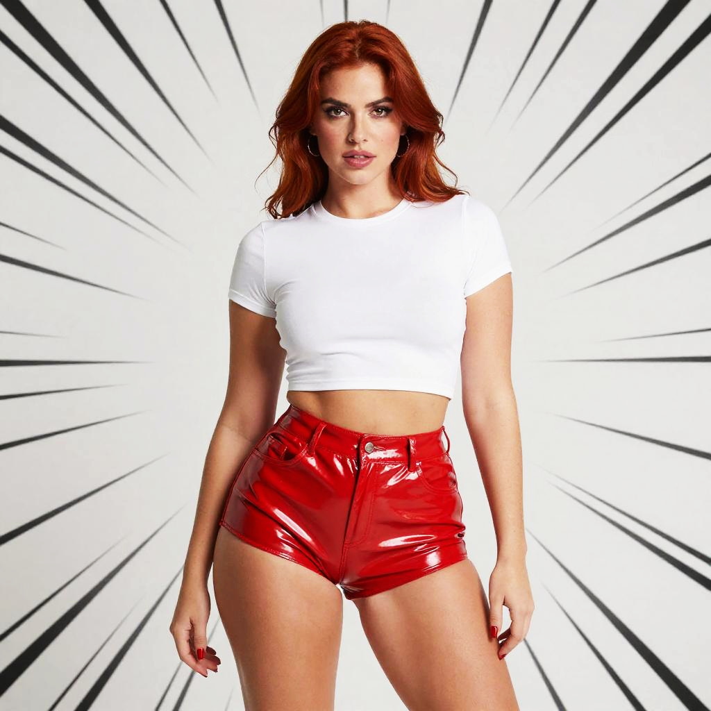Confident Woman in White Crop Top and Red Vinyl Shorts with Comic Style Background