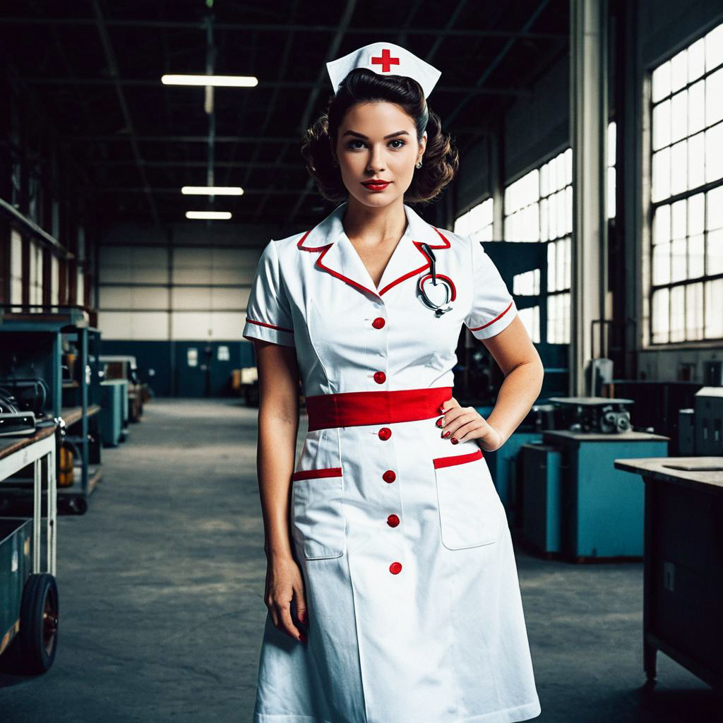 Confident Woman in Vintage Nurse Uniform in Industrial Setting