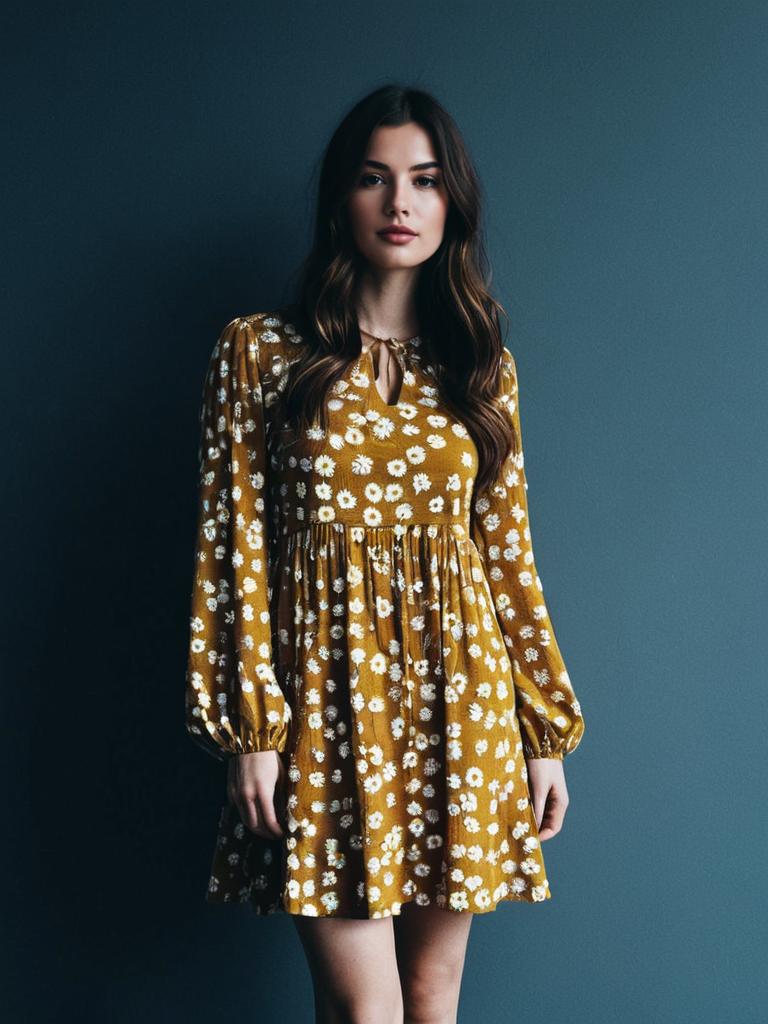Woman in Casual Boho Mustard A-Line Mini Dress with White Daisy Print