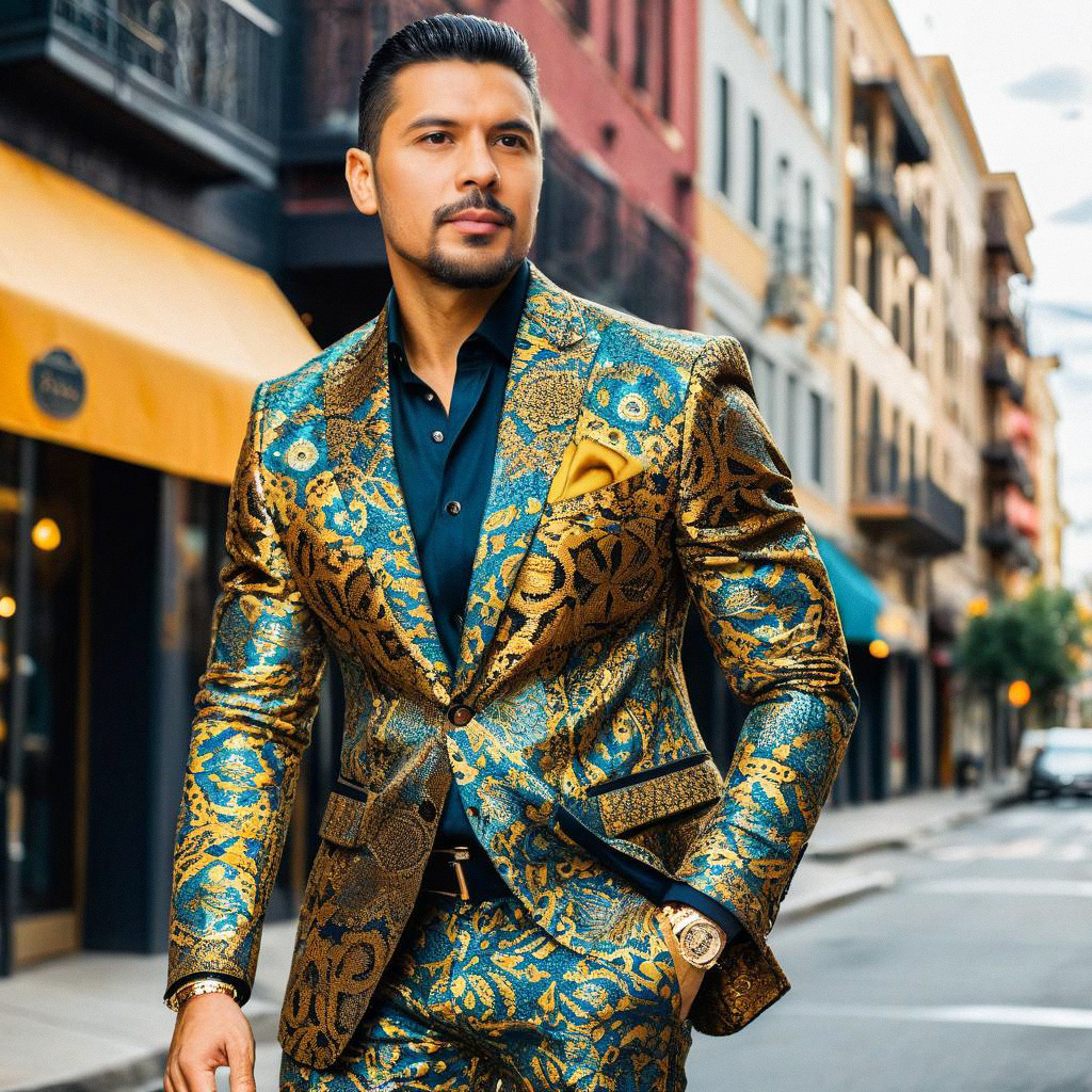 Stylish Man in Gold and Blue Suit on Urban Street
