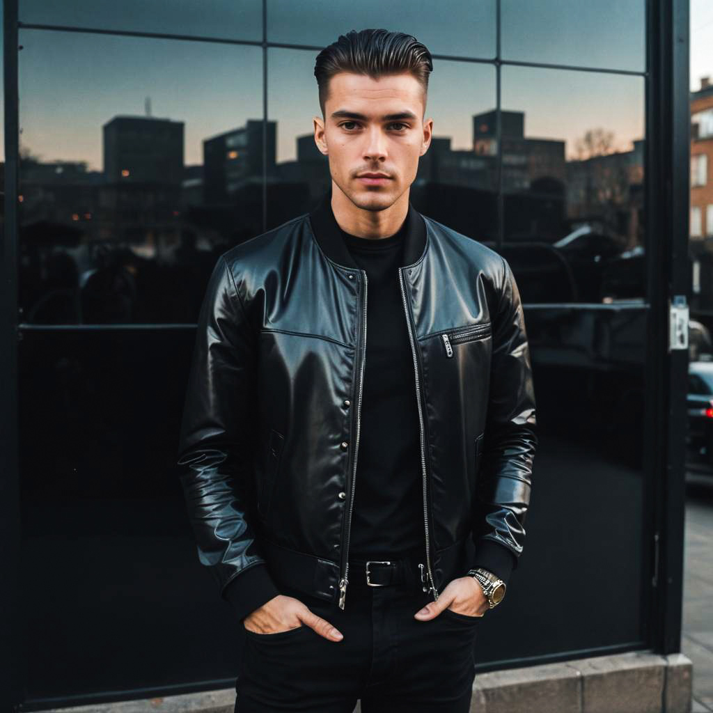 Confident Male Model in Black Bomber Jacket