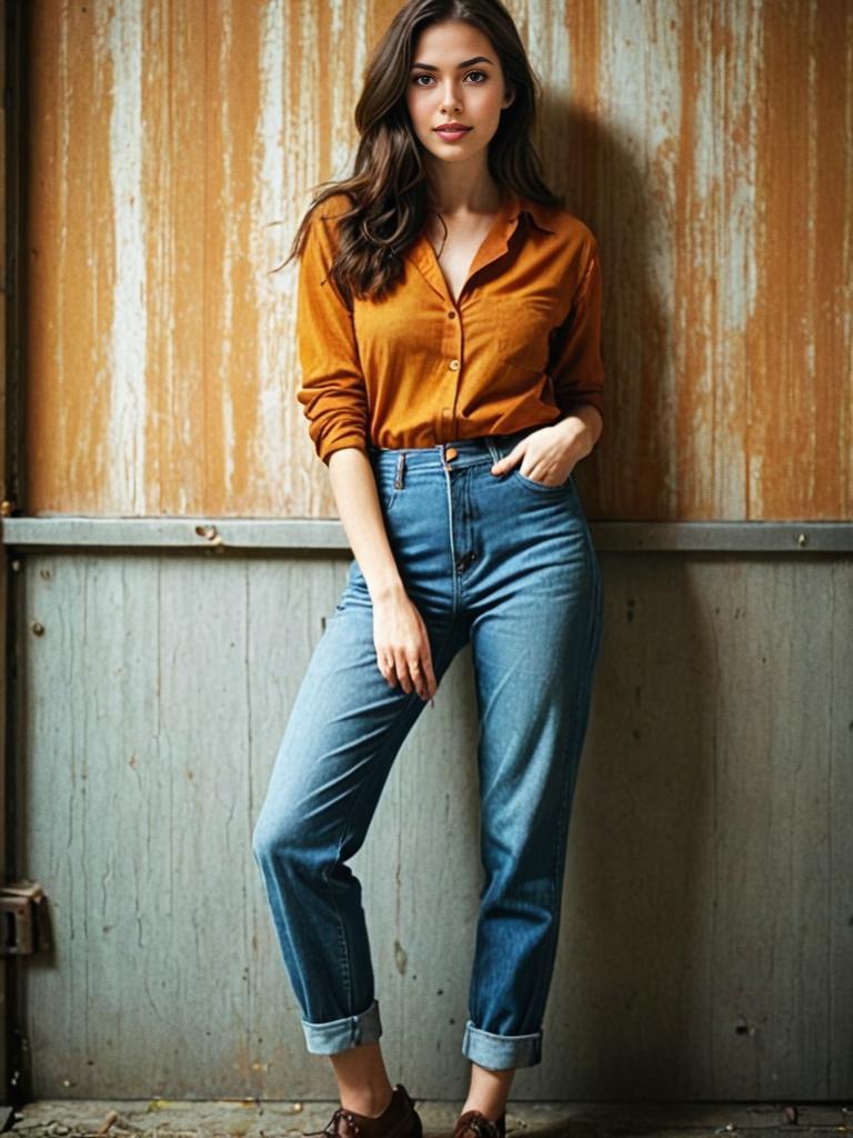 Confident Woman in Burnt Orange Shirt Against Rustic Wall