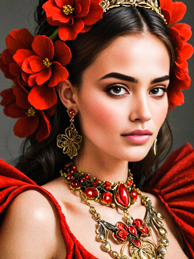 Elegant woman with gold and red floral headpiece Elegant woman with gold and red floral headpiece