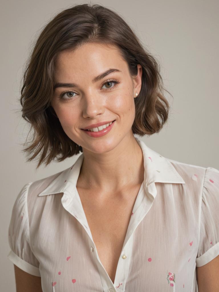 Friendly woman in white shirt with pink patterns