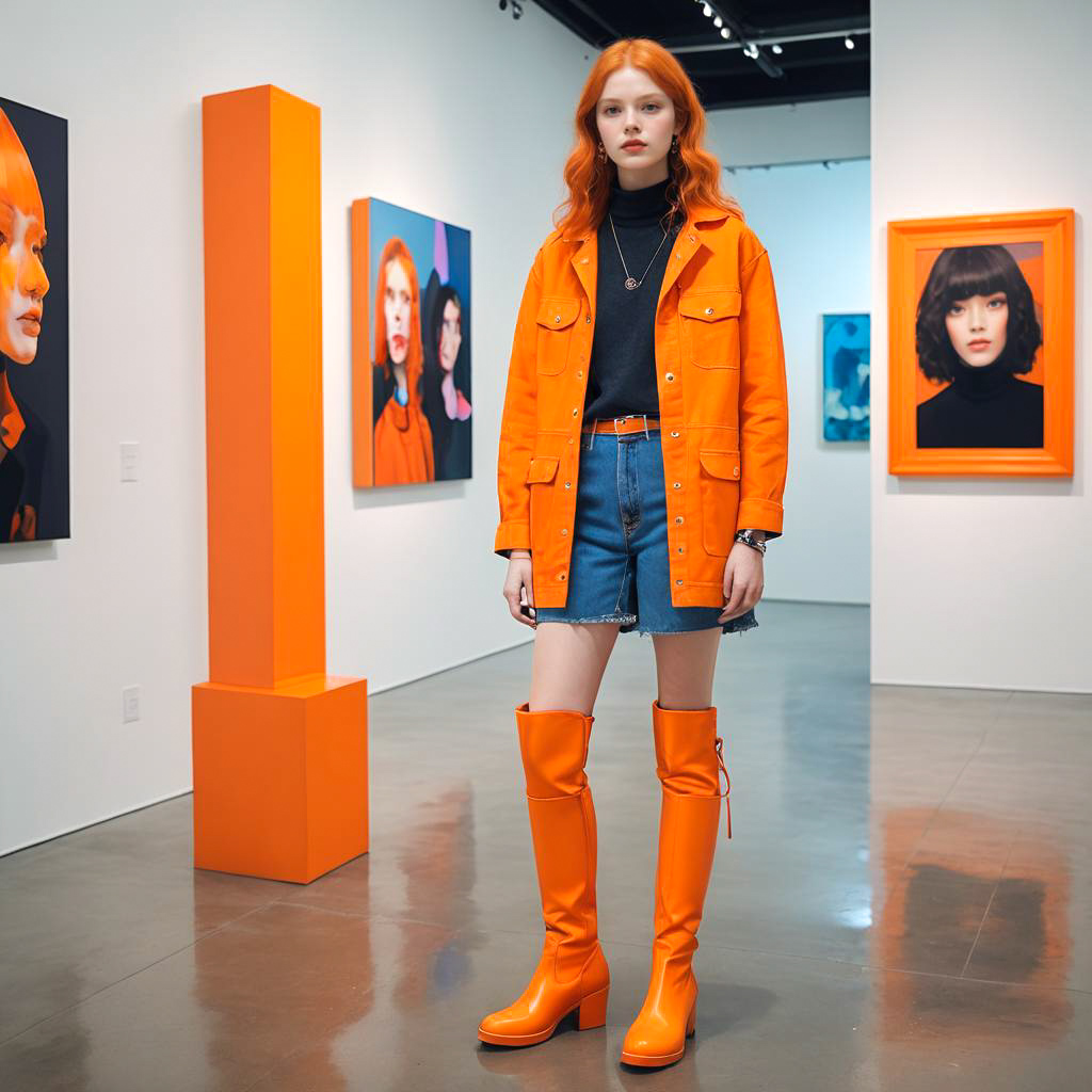 Confident Woman in Orange Outfit at Art Gallery