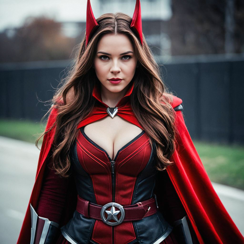 Confident Woman in Red and Black Fantasy Costume Confident Woman in Red and Black Fantasy Costume