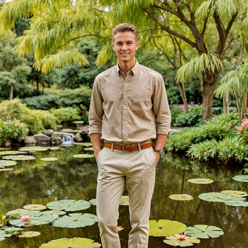 Confident Young Man in Lush Garden with Water Lilies