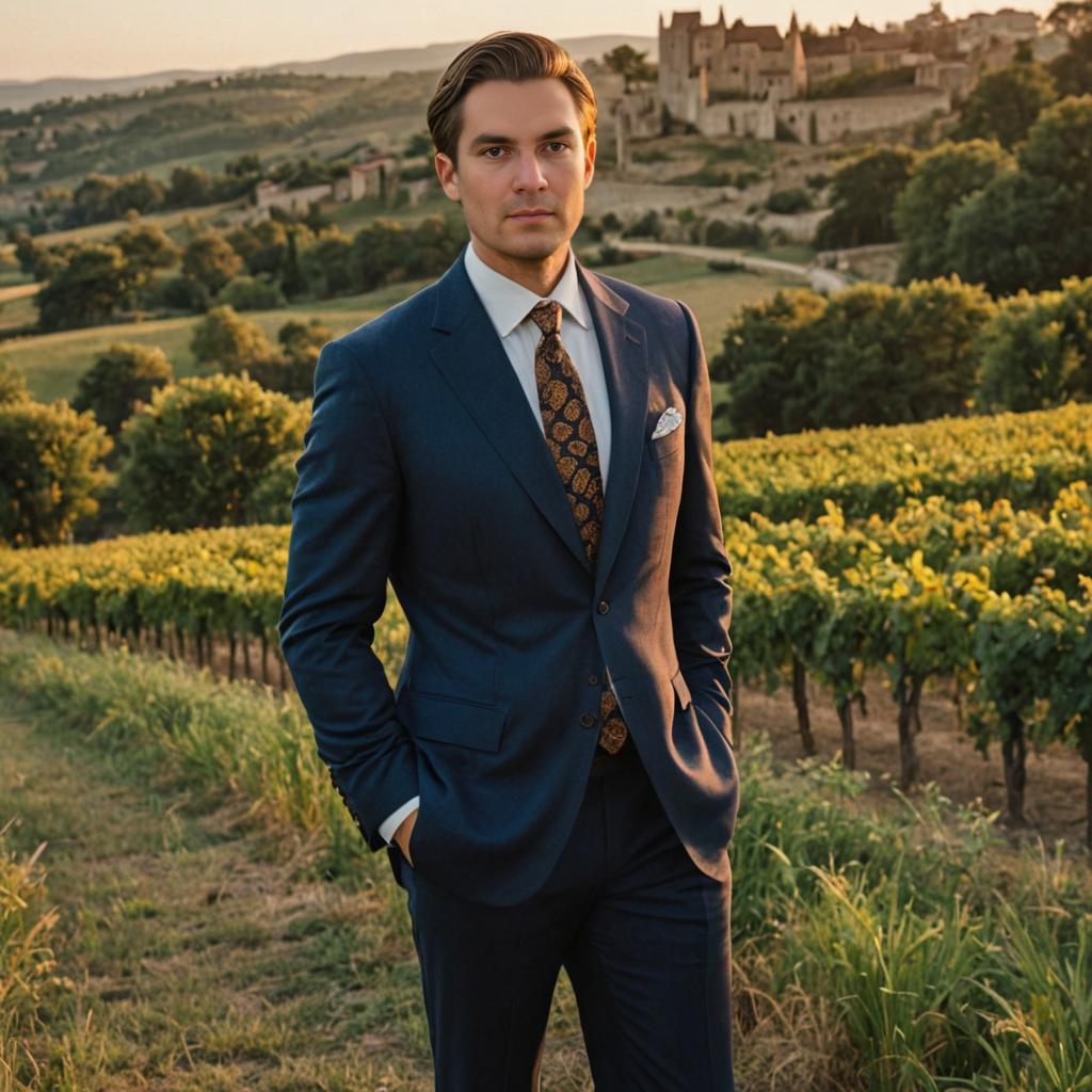 Stylish Man in Vineyard at Golden Hour