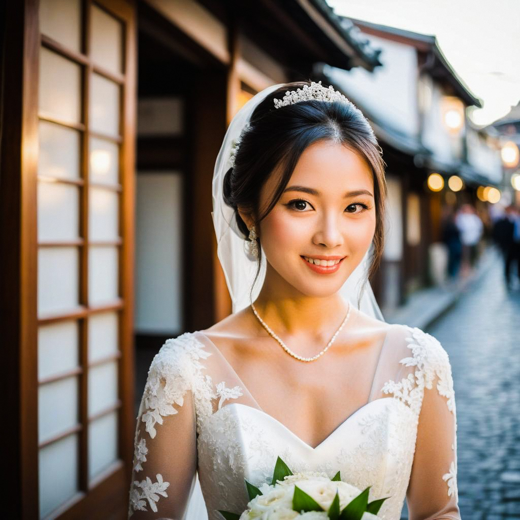 Smiling Bride in Elegant Lace Wedding Gown Outdoors