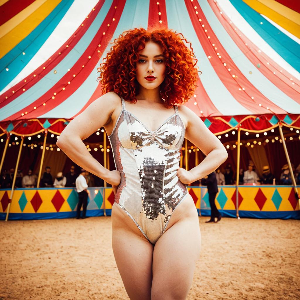 Confident Red-Haired Woman in Silver Bodysuit at Colorful Circus Tent