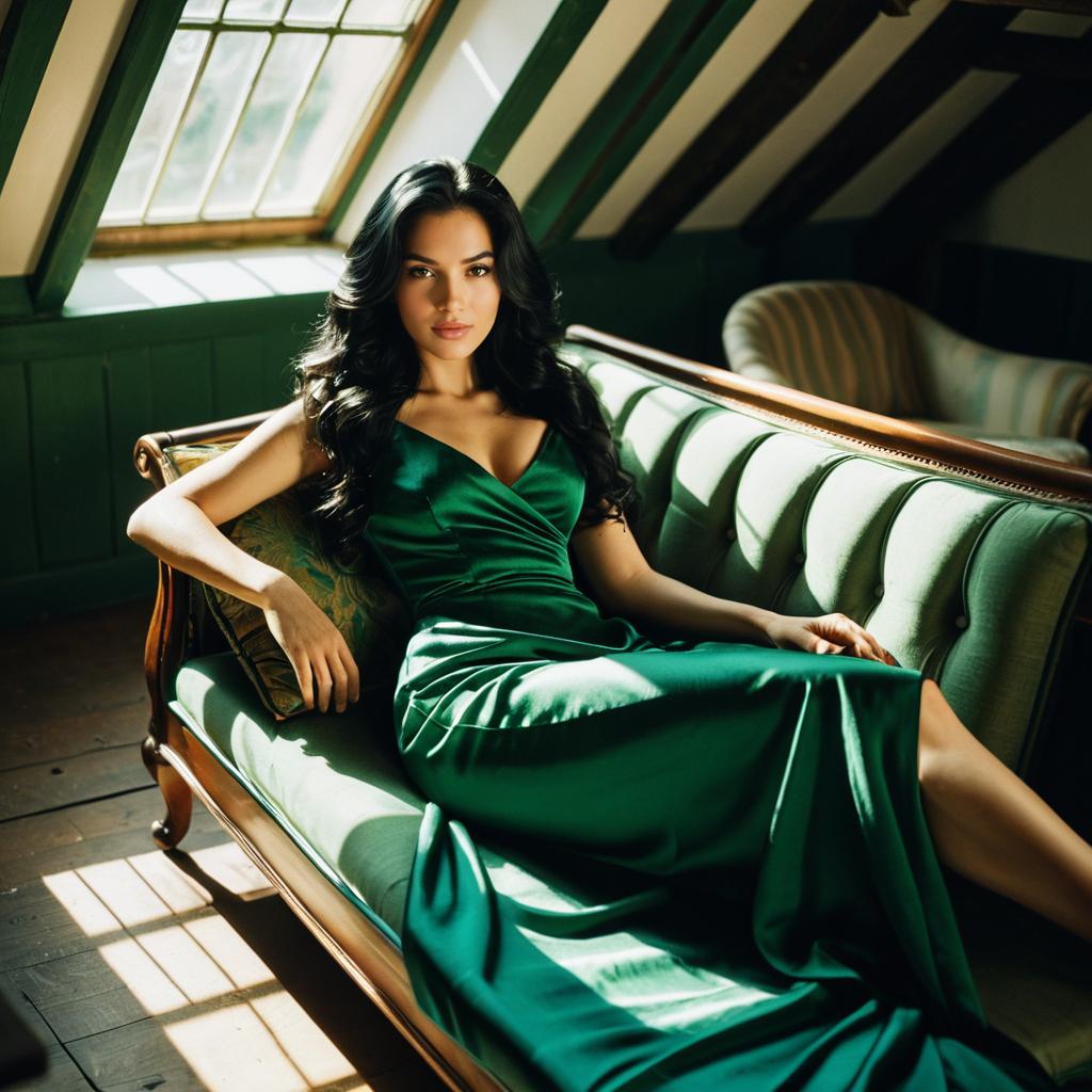 Elegant Woman in Green Dress Relaxing on Vintage Sofa in Sunlit Room