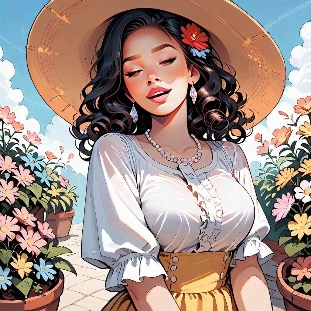 Stylish Woman with Sunhat Among Vibrant Flowers Digital Illustration