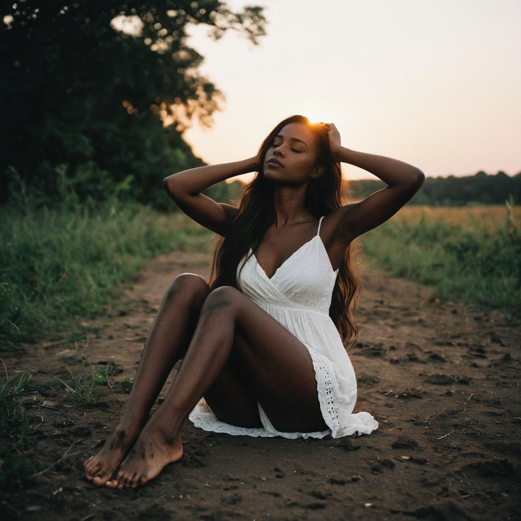 Serene Woman in White Dress on Dirt Path at Golden Hour