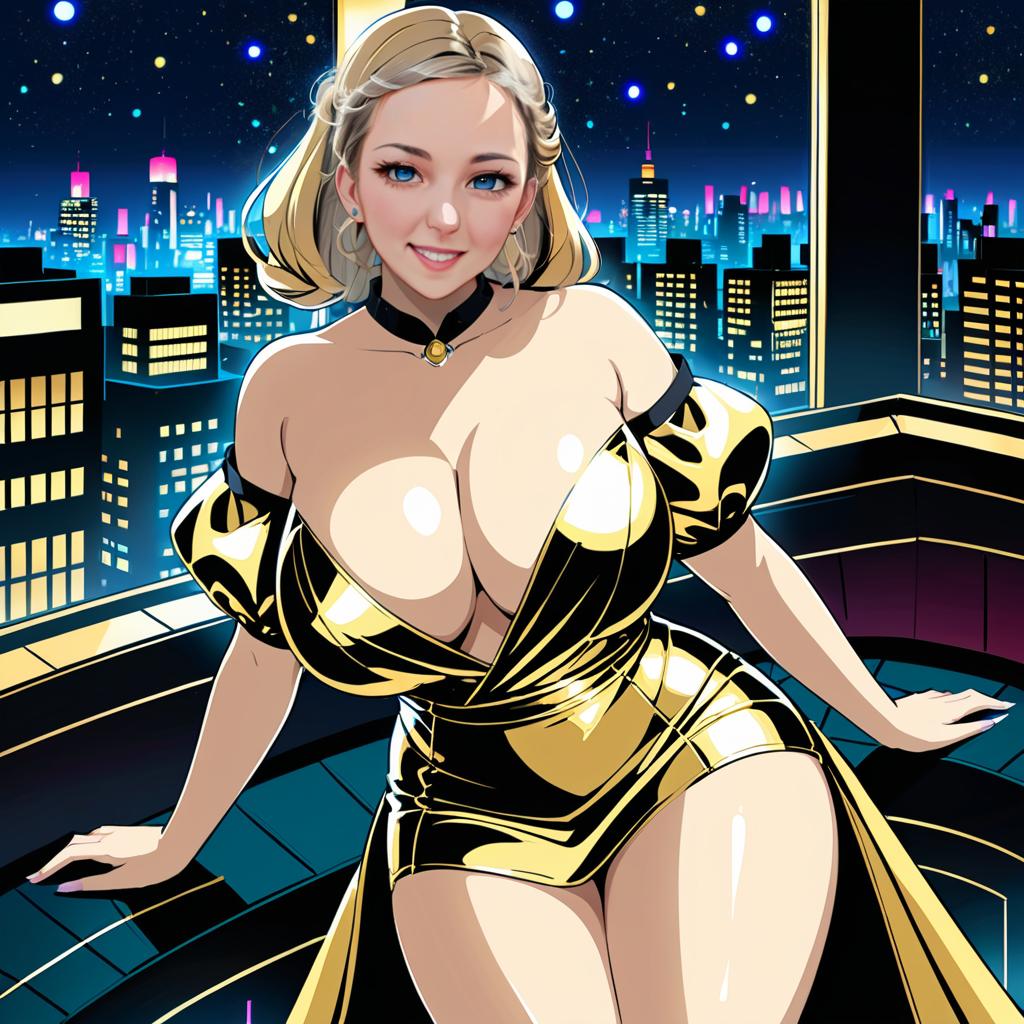 Confident Woman in Futuristic Yellow Outfit with Cityscape