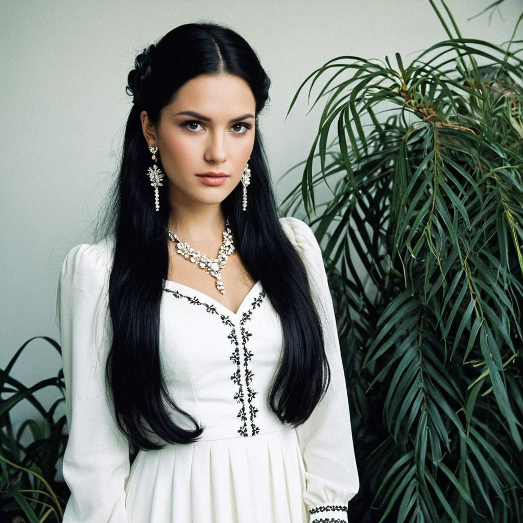 Woman in White Dress with Black Embroidery
