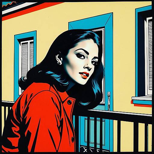 Pop Art Illustration of Woman in Red Coat with Geometric Building Background