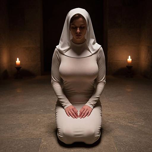 Woman Kneeling in White Gown with Hood in Candlelit Stone Room