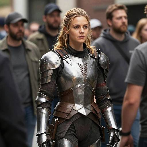 Woman in Armor Standing in Crowded Street