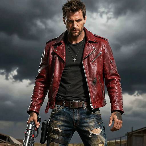 Man in Red Leather Jacket with Futuristic Weapon Under Stormy Sky