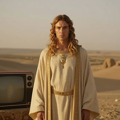 Man in Golden Embroidered Robe Standing in Desert with Vintage TV