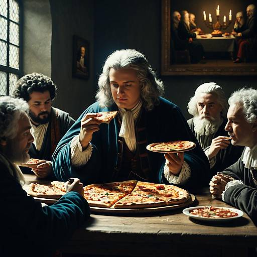 18th Century Men Eating Pizza in Historic Setting