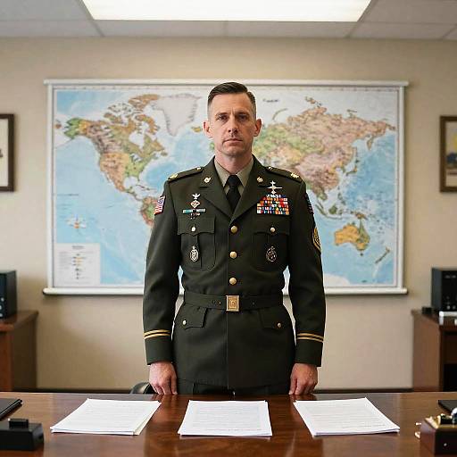 Man in Military Uniform Standing at Desk with World Map