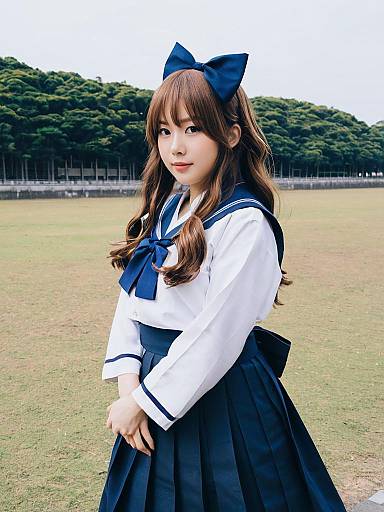 Japanese Schoolgirl in Traditional Sailor Uniform Outdoors