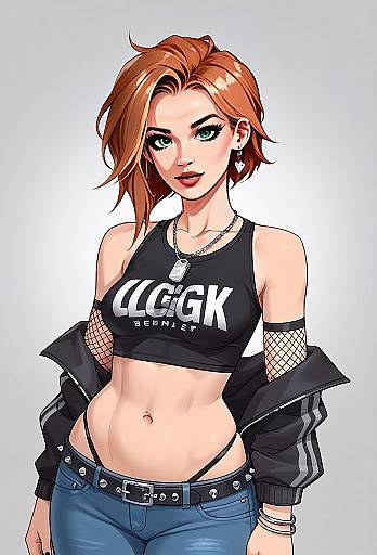 Edgy Red-Haired Woman in Crop Top and Fishnet Sleeves Digital Artwork