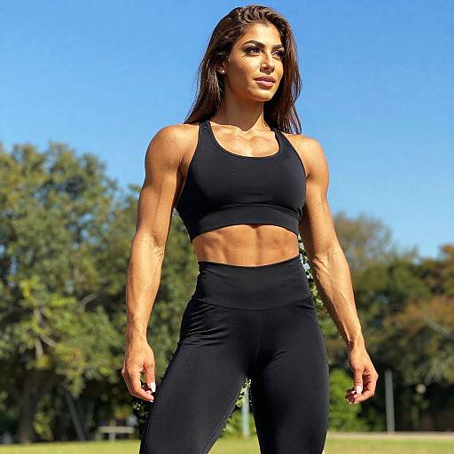 Fit Woman in Black Athletic Wear Outdoors Showing Toned Physique