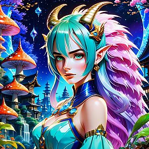 Fantasy Woman with Turquoise Hair and Golden Horns in Mystical Setting