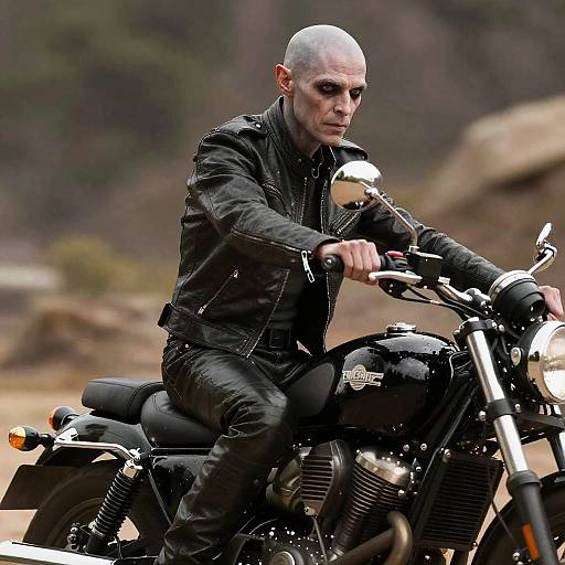Bald Man in Black Leather Riding Motorcycle with Dark Eye Makeup