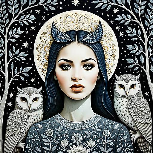 Mystical Woman with Owls and Ornate Halo Digital Artwork
