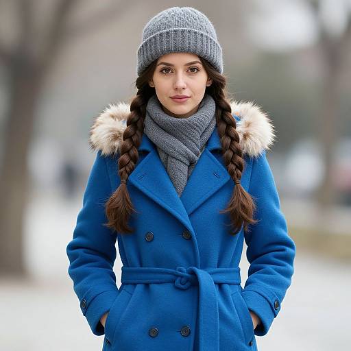 Young Woman in Blue Winter Coat and Grey Knit Hat Outdoors