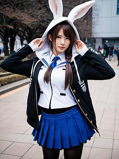 Amiya Arknights Cosplay with Bunny Ears Hoodie Outdoor Portrait