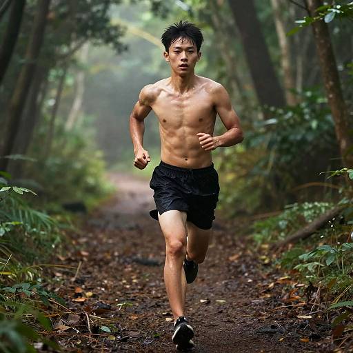 Shirtless Young Man Running on Forest Trail