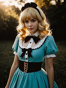 Sexy Cosplay Woman Wearing Charlotte Pudding Costume in Outdoor Setting