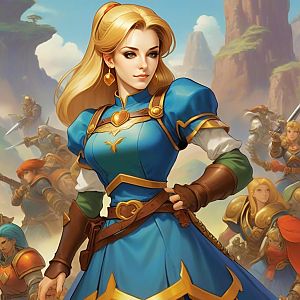 Confident Woman Warrior in Blue and Gold Armor