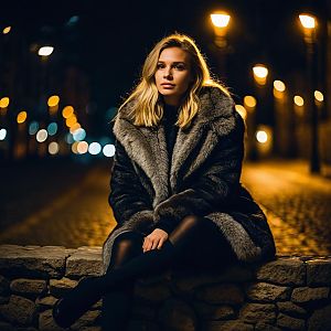 Elegant Woman in Fur Coat Sitting on Stone Ledge at Night with Streetlight Bokeh