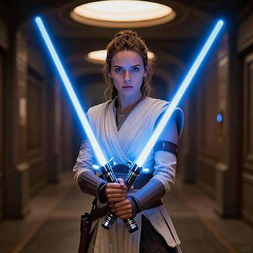 Woman Wielding Twin Blue Lightsabers in Sci-Fi Corridor