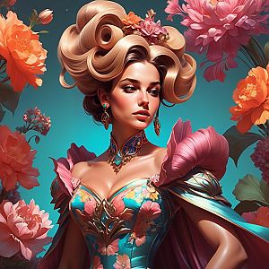 Regal Woman in Floral Gown with Curls