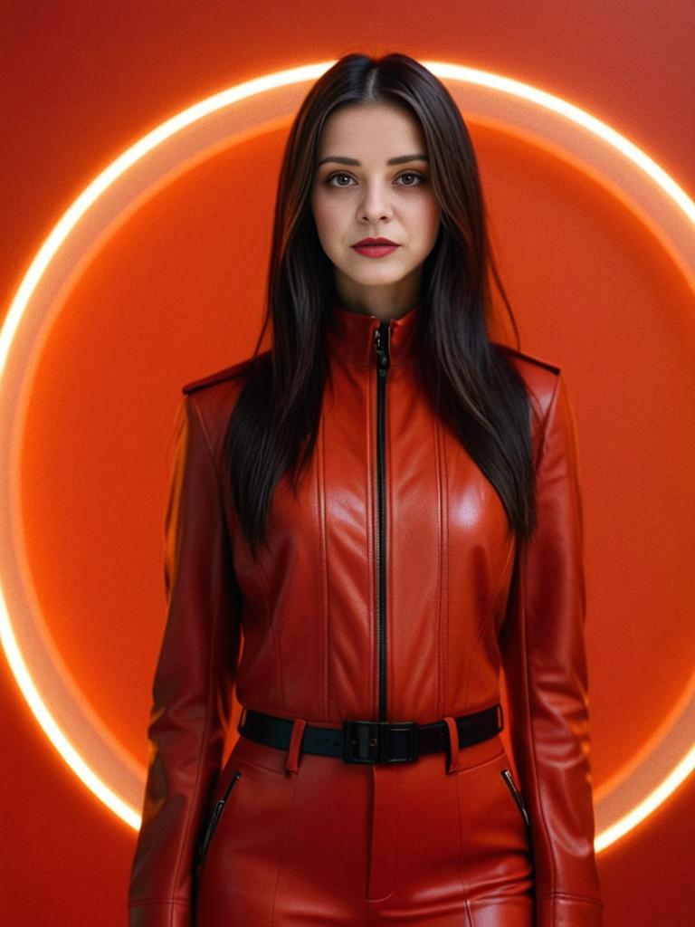 Woman in Red Leather Outfit Against Orange Background